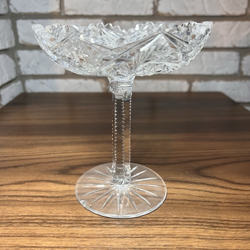 VTG 8" Clear Cut Glass Compote Diamond Pattern w/ Sawtooth Rim & Stem *chip